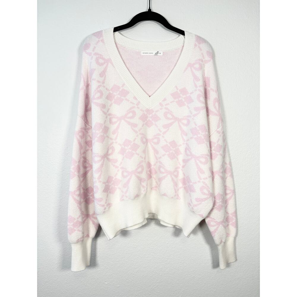 Altar'd State Coquette Girly Pastel Pink Plaid Bow V Neck Relaxed Fit Sweater